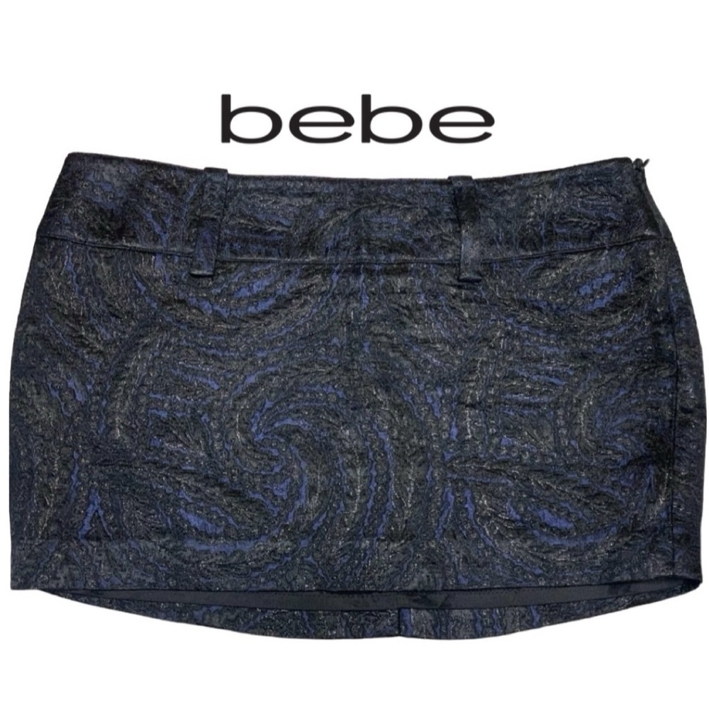 Bebe Blue and Black Brocade Lined Dressy Mini Skirt w/ Belt Loops Womens Size 10